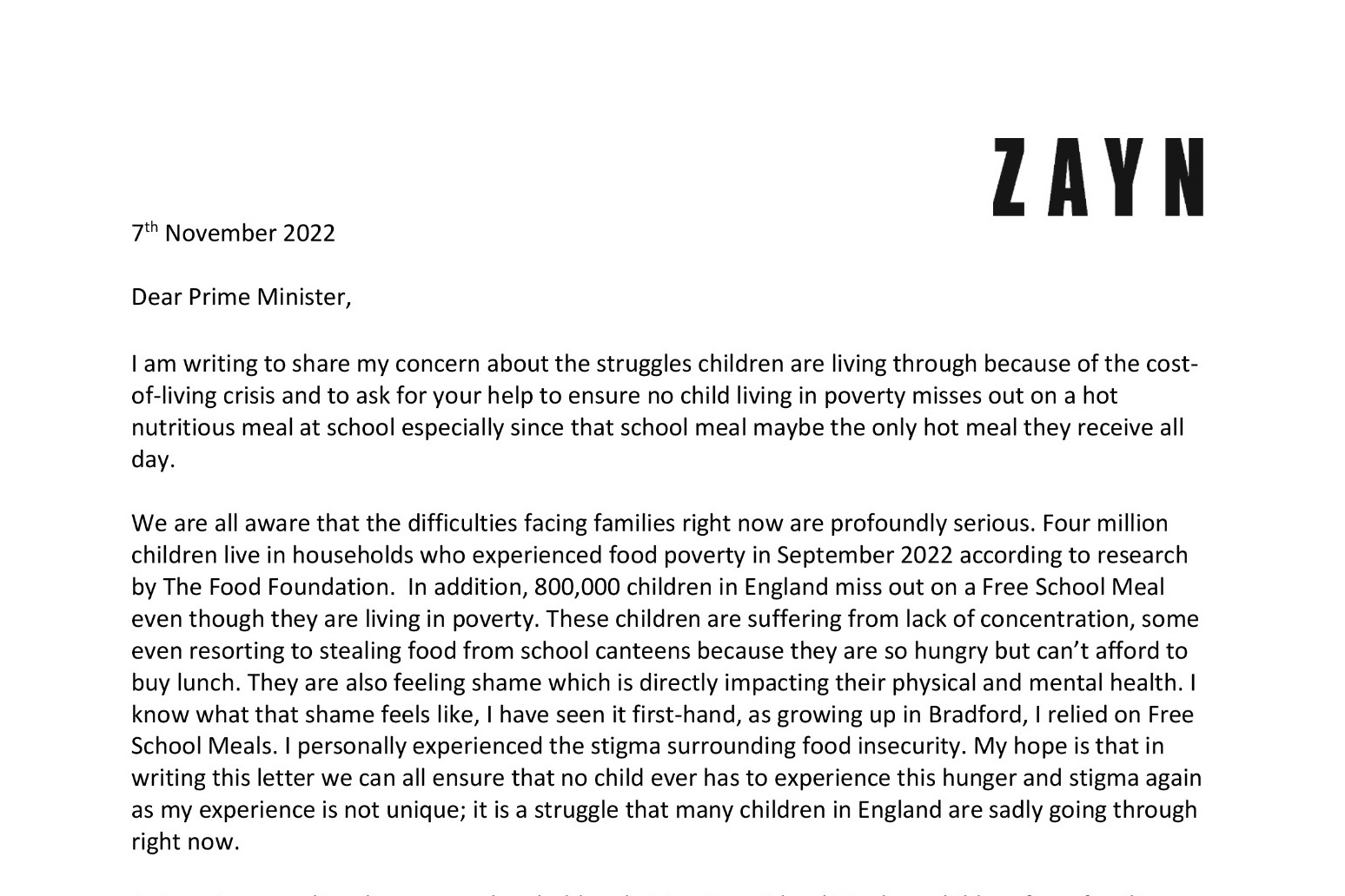 Zayn Malik urges PM to extend free school meals amid cost-of-living crisis 